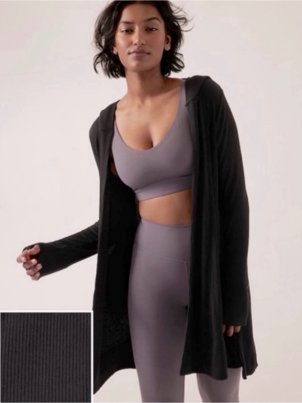 Athleta Harmony Wrap
Black Ribbed Hooded Cardigan Athleisure Women's Size XS NWT
